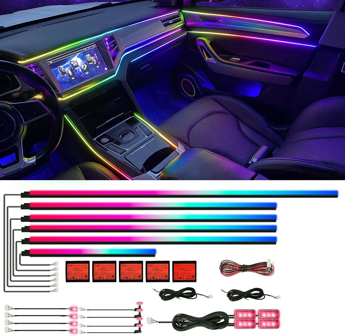 SnelShoppen - Dreamcolor Acryl LED Strip Licht voor Auto - 18-in-1 RGB Neon Lichtset met App, 128 Kleuren, Dual Zone Muziek Sync, 6 Stuks, Perfect voo