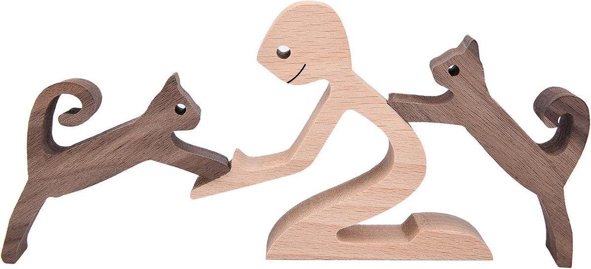 Houten Kat Beeldjes - Houtsnede Sculptuur - Huis Decoratie - Ontworpen In Stukken - 118 g - Natuur Hout