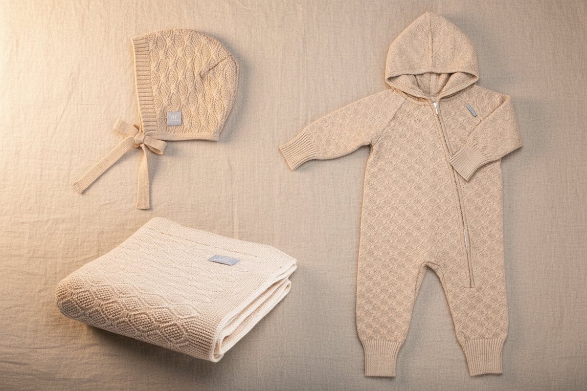 Babyschenkset van merino wol met diamantpatroon - Deken, romper en mutsje - beige - 3-6 maanden