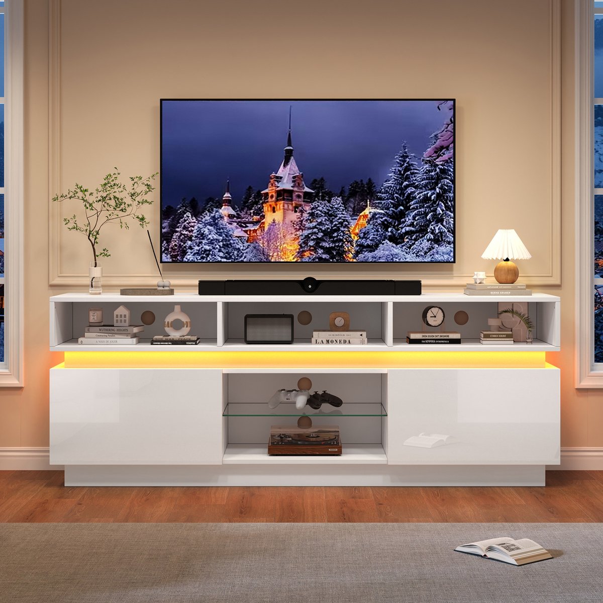 Wishdor TV meubel - 10 opbergvakken - met glazen plank en LED-verlichting - modern - voor woonkamer - houtlook en glas - wit - 160 x 35 x 60 cm