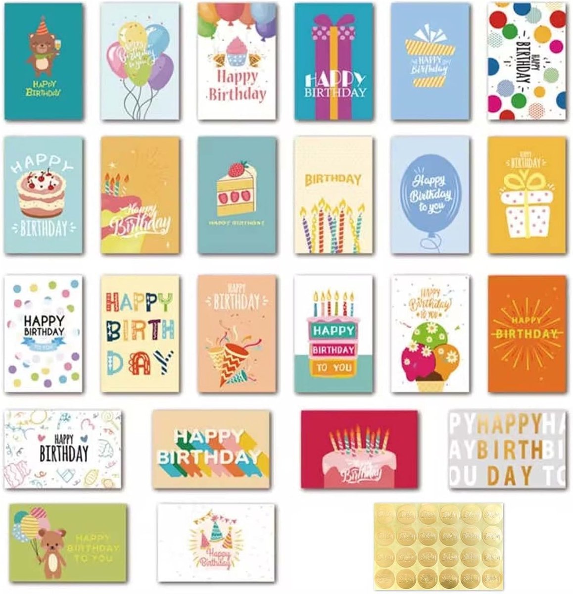 SnelShoppen - Verjaardagskaarten en Enveloppen Set - 24 Stuks Happy Birthday Wenskaarten voor Mannen, Vrouwen en Kinderen - Blanco Kaarten met Diverse