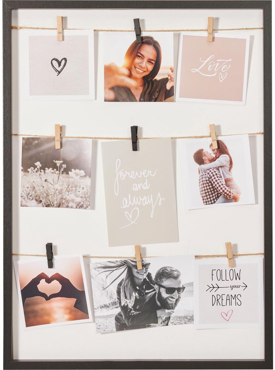 Home & Styling Collage fotolijst met knijpertjes - voor 9x foto - hout - zwart - 38 x 52 cm - wissellijst - klassiek