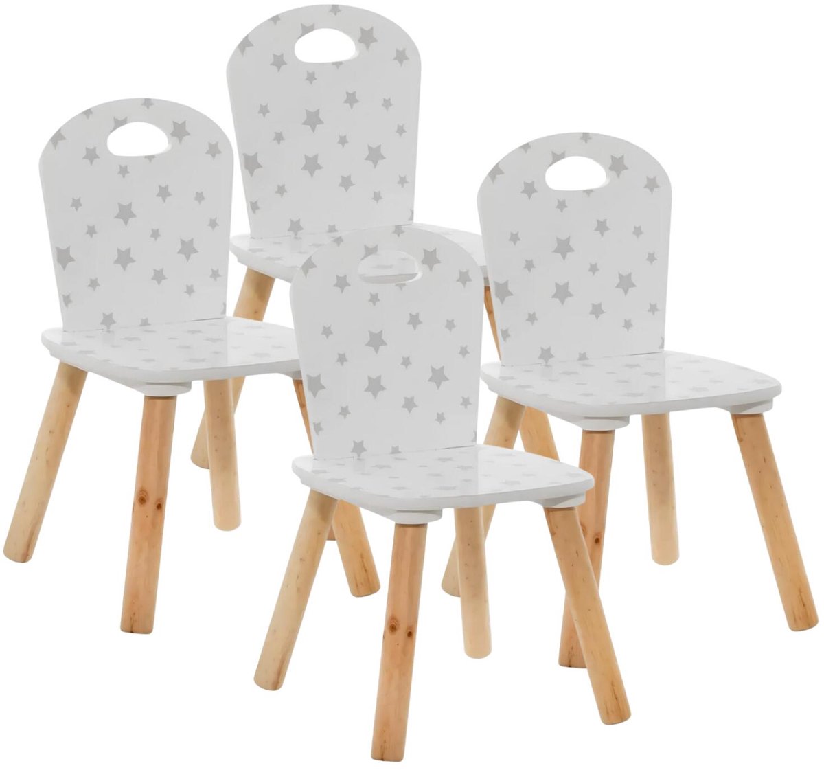Atmosphera Kinder stoeltje Stars - 4x - wit/zilver/naturel - hout - D30 x H50 cm - bijzet stoeltjes voor kinderen