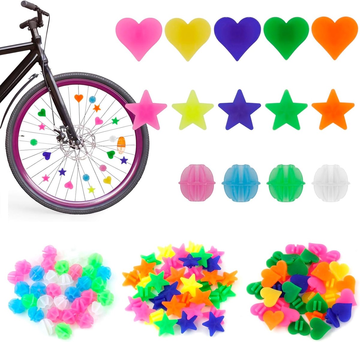 Fietsspaakkralen – Decoratie voor kinderfietsen – Reflecterende spaakclips – Geschikt voor kinderfietsen – Ca.300 stuks – Kleurrijk