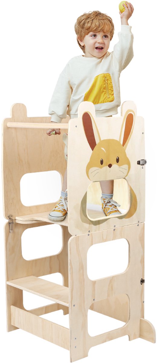 PIPIPOXER - 4-in-1 leertoren -Inklapbaar- Learning Tower -Montessori Leertoren-Keukentoren, Kindertrap, Tekenbord - Keukenhulp- Speeltafel-Kinder trapje-konijn