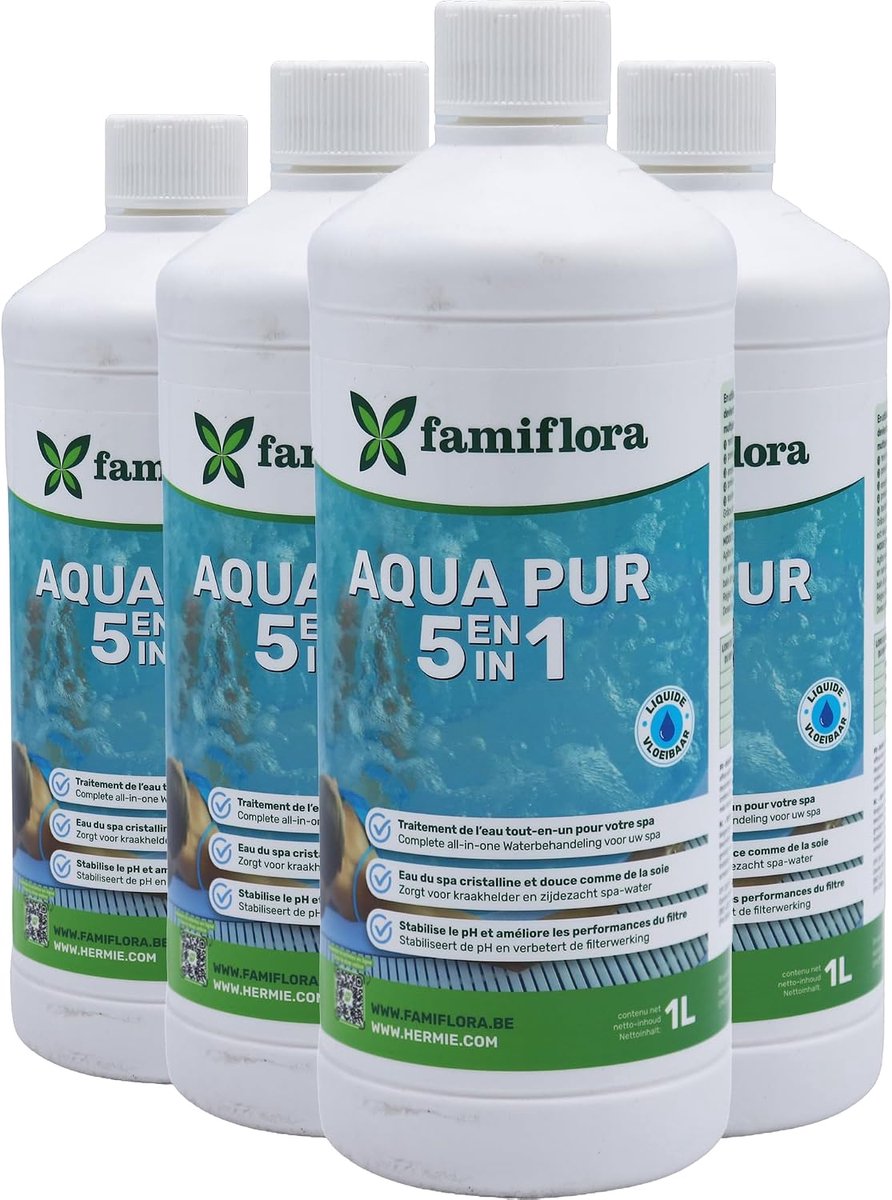 SnelShoppen - Aqua pur 5-in-1 Waterbehandeling 4 x 1L - Kraakhelder Spa, Bubbelbad & Hottub Water - Voorkomt Kalk, Verkleuring & pH-Schommelingen