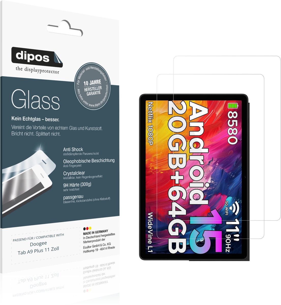 dipos – 2x Pantserfolie geschikt voor Doogee Tab A9 Plus 11 Zoll | 9H Screenprotector