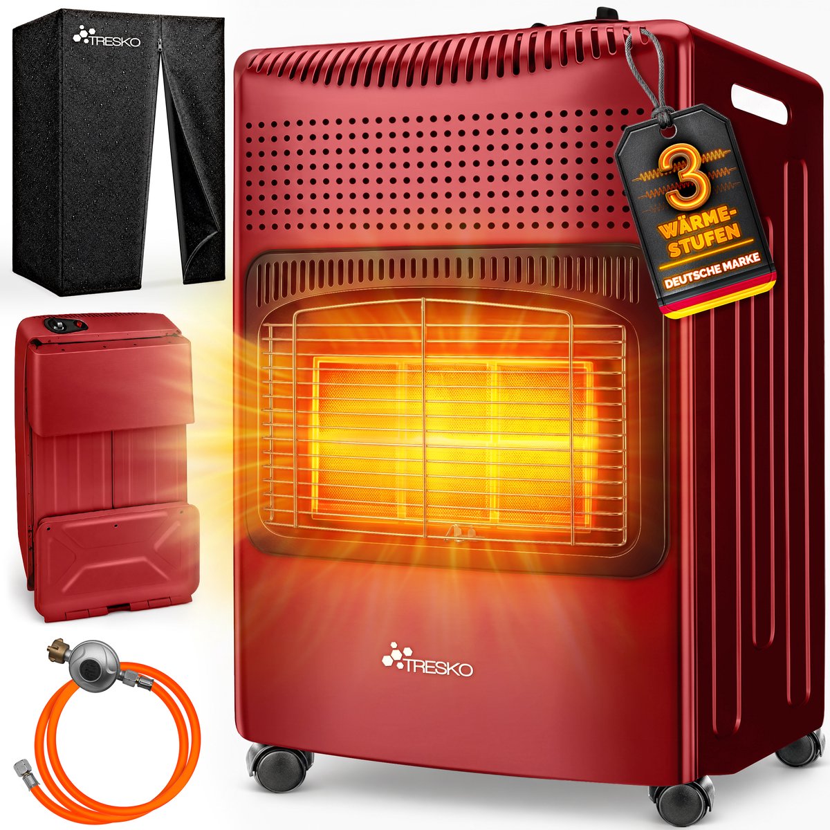 Bol.com TRESKO 4200 Watt Gasverwarming incl. Gasdrukdrossel Gasslang & Afdekhoes | Gasverwarmer Gasofen Gaskachel met 3 Standen ... aanbieding