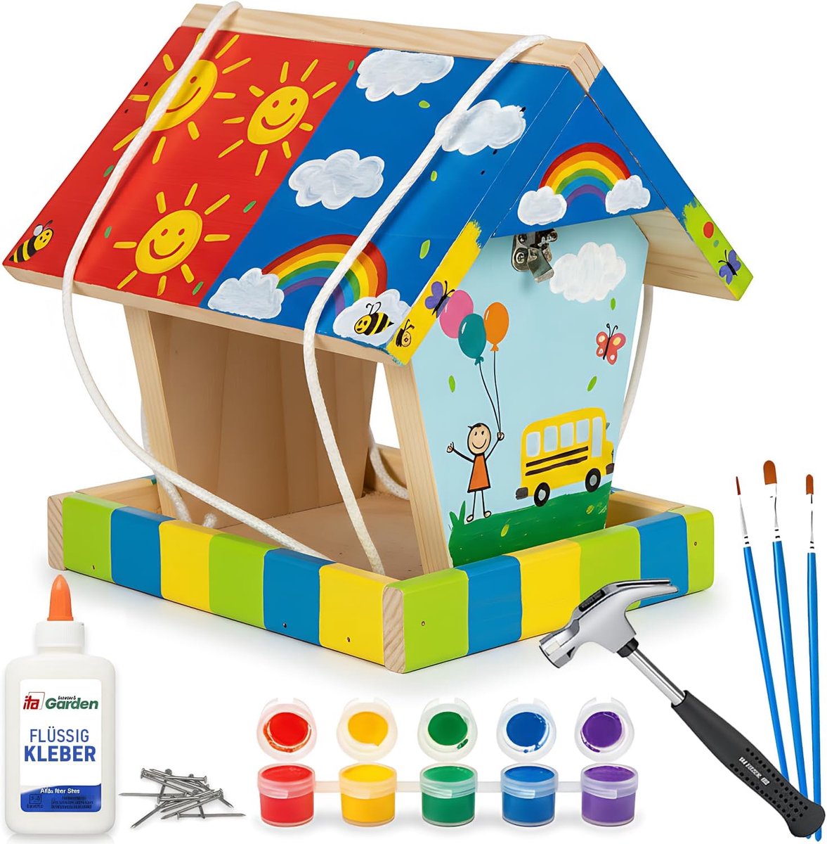 SnelShoppen - ITA Vogelvoederhuis Bouwpakket voor Kinderen, Compleet met Hamer, Spijkers en Verf, Creatieve Set voor Tuin, Knutselen, Houten Feeder vo