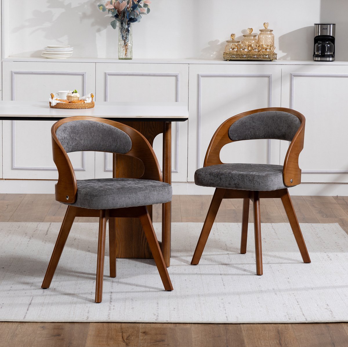 COVREO Eetkamerstoel set van 2 44 x 41 x 75 cm - draaibaar, grijs linen, houten poten