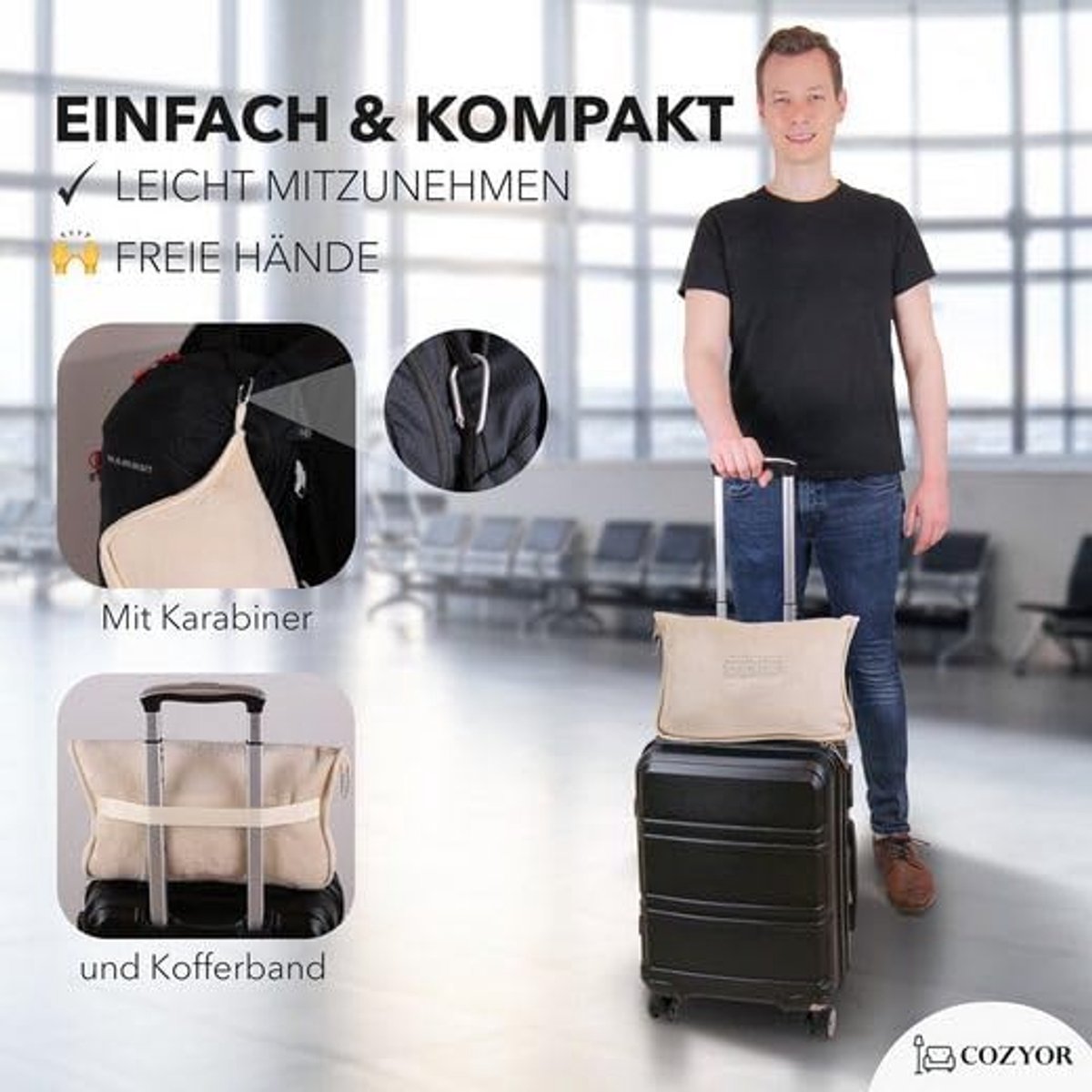 SnelShoppen - Travel Pillow & Travel Blanket 2-in-1 Zacht met Rugzakclip en Kofferbevestiging, 170 x 110 cm, Knuffelige Reis Set voor Vliegtuig, Auto