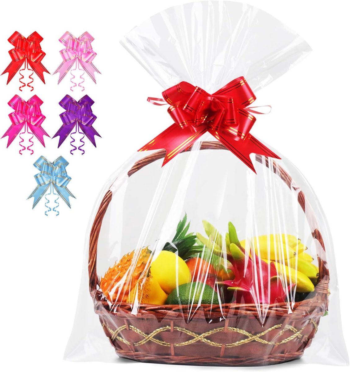 SnelShoppen - Transparant Cellofaanpapier 90x140cm met 5 Kleurrijke Zijde Ribbons - Cadeauverpakking voor Fruitmanden, Geschenken & Feestdecoratie