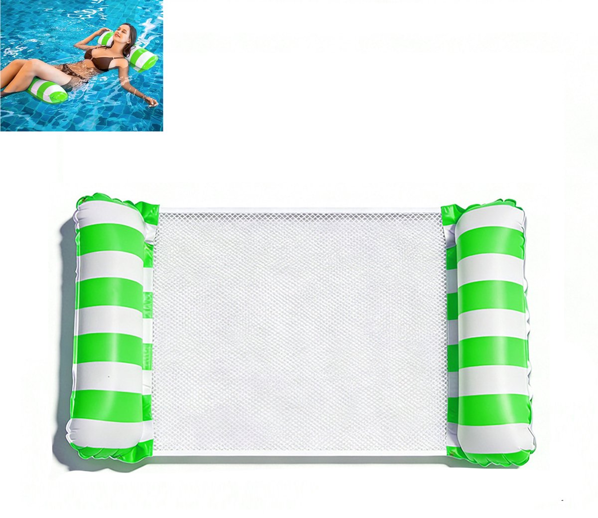 Waterhangmat - Drijvend Luchtbed - Zwembad Float - Comfortabele drijvende stoel met mesh midden en opblaasbare buizen, 4-in-1 functie met hoofdsteun - PVC - 120x105 cm - Voor Zwembad En Tuinfeest - Groen