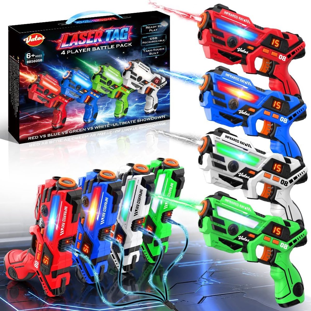 SnelShoppen - Laser Tag Set voor 4 Spelers, Oplaadbare Laser Tag Geweren met LED Scherm, Geluid en Trilling, Speelgoed voor Binnen en Buiten, 40 Meter
