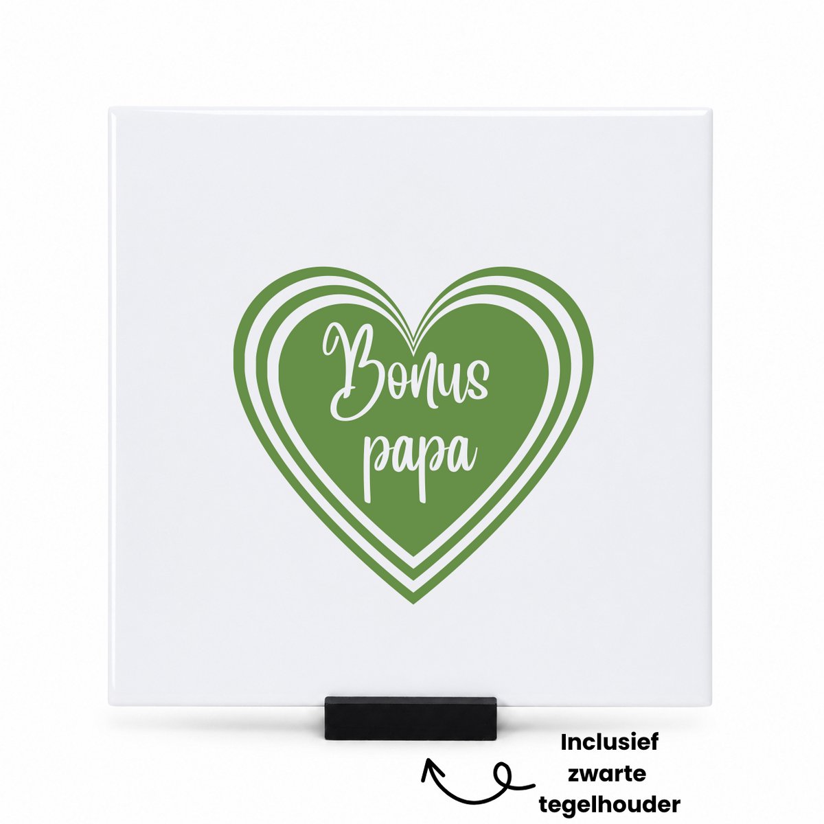 Hacebo Bonus papa in groen hart tegeltje met tegelhouder - Papa - Lieve bonuspapa - tegeltjes met tekst - Vaderdag cadeautje - Cadeau voor papa - Verjaardag - Geschenk - Cadeau - Gift - spreuktegels - 15x15 CM Wit