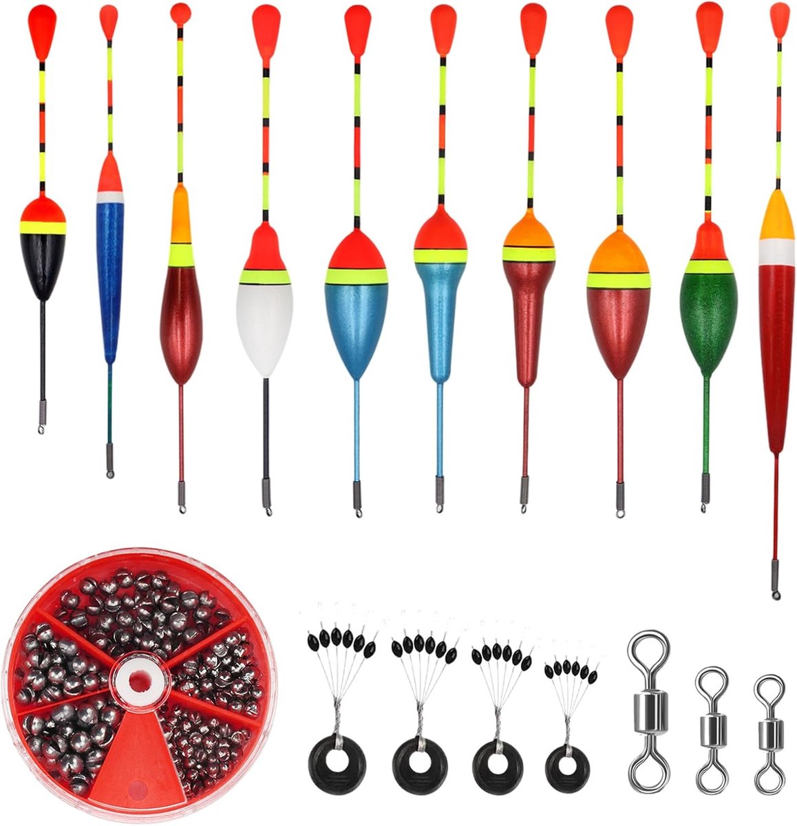 SnelShoppen - 205pcs Vissersbenodigdheden - 10 Stuks Vissersdobbers, 4 Rubber Stoppers, 3 Swirl Accessoires - Ideaal voor Vissen in Meren en Vijvers