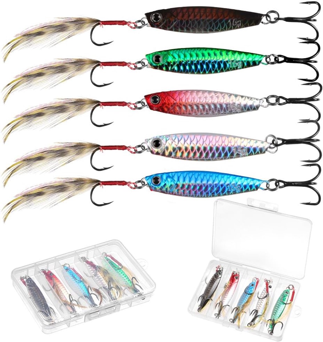 SnelShoppen - Mackerel Bait Sea Fish Spinners - 5 Stuks 15g, 6cm Loodgewicht, Met Veertjes, Perfect voor Zeevisserij, Mackerel, Baars en Forel