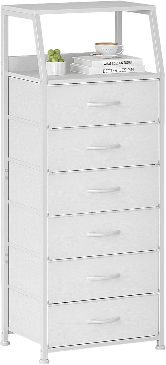 SnelShoppen - Commode Kasten met 6 Lades - Smalle Opbergkast van Stof en Hout - Industrieel Design voor Woonkamer, Slaapkamer, Kinderen - Wit