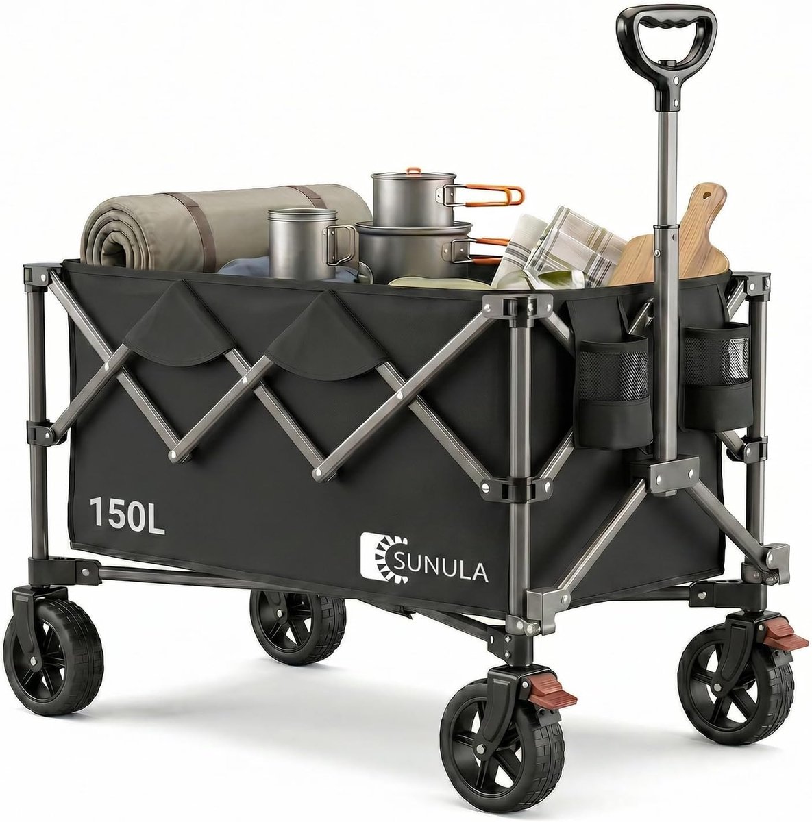 SnelShoppen - Vouwbare Handkar 120 kg - Opvouwbare Trolley met One-Click Handvat, 4-Zijdige Off-Road Wielen met Rem, 150 Liter, Zwart - Ideaal voor Tu