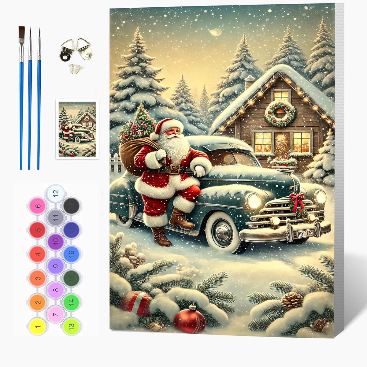 SnelShoppen - Kersttruck Schilderen op Nummer Set voor Volwassenen en Kinderen, Olieverf Doe-Het-Zelf Kunstkit met Houten Frame 20x30 cm, Inclusief 3