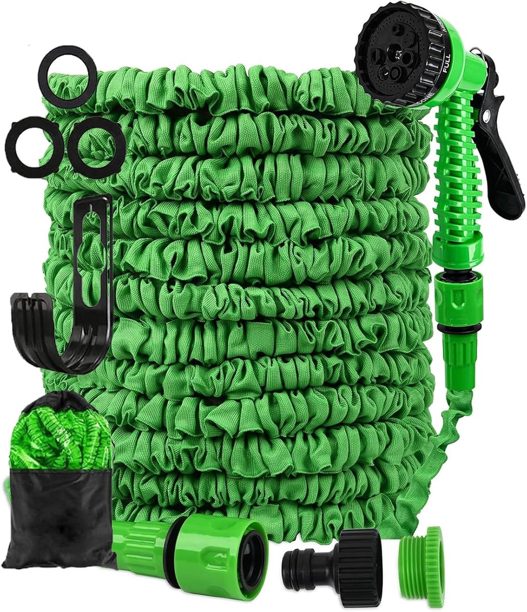 SnelShoppen - Tuinslang Uittrekbaar 7.5 m, 15 m, 22.5 m, 30 m, Flexibel met Spray Gun, 7 Functies, Groen voor Tuin, Auto, Huisdieren