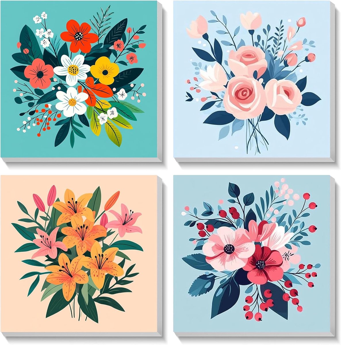 SnelShoppen - Bowetile Set van 4 Bloemen Schilderen op Nummer Sets voor Kinderen, Canvas Schilderijen voor Beginners, Acryl Verf Set 20x20 voor Kamers