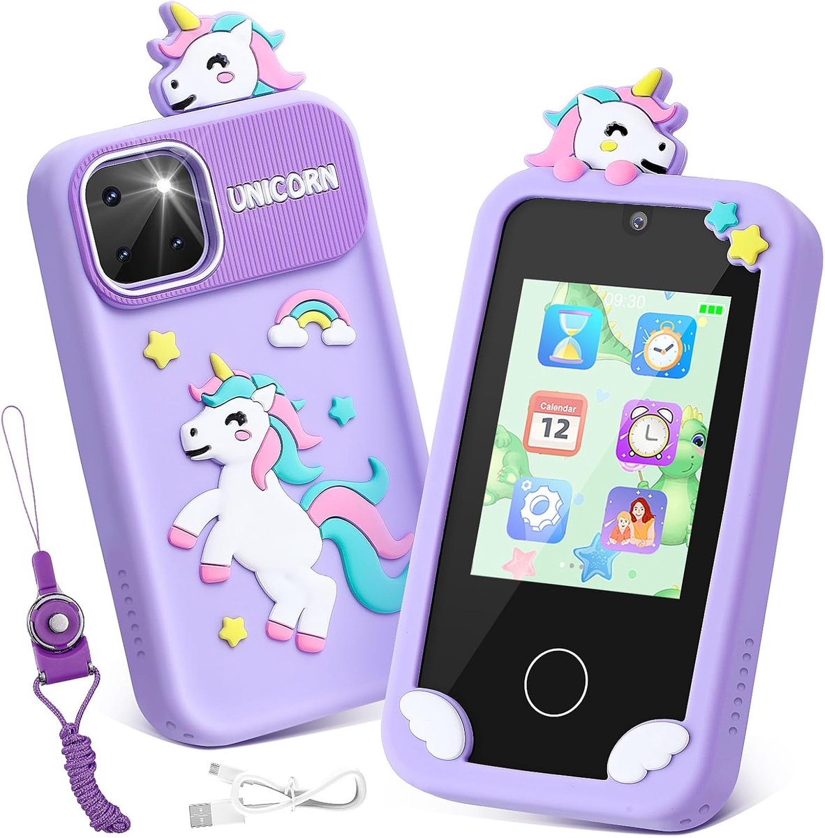 SnelShoppen - Smartphone voor Kinderen - Mobiele Telefoon met Touchscreen, Dual Camera, Muziek Speler, MP3 - 32GB Silicone Hoes en Lanyard met TF Kaar