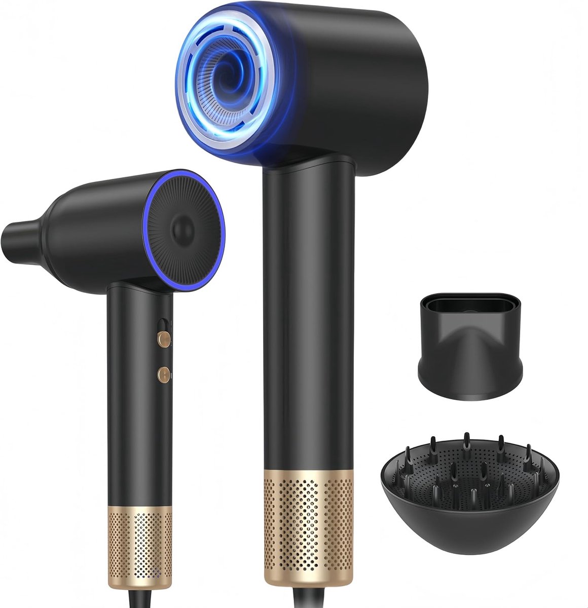 SnelShoppen - Professionele Haardroger met Diffuser, 110.000 RPM, Hoge Snelheid, Ion Technologie, Zwart/Goud, 1600W, 3 Windsnelheden, 4 Temperatuurins