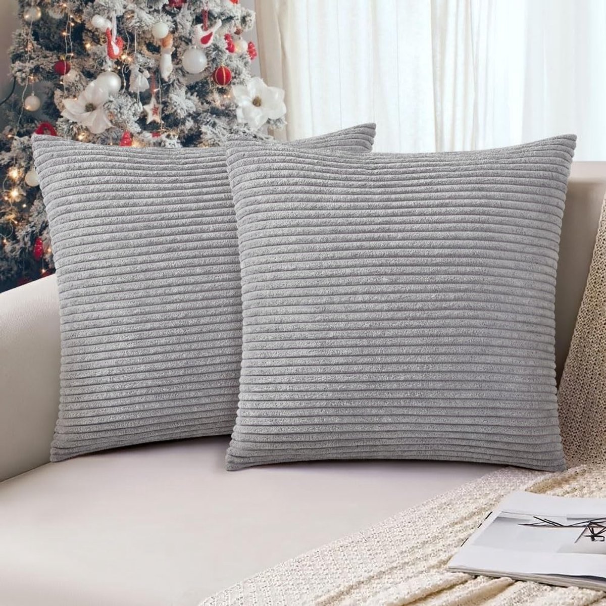 SnelShoppen - Set van 2 Super Zachte Corduroy Kussenhoezen 45x45 cm Grijs, Moderne Striped Decoratieve Kussenhoezen voor Sofa en Thuis, Perfect voor L