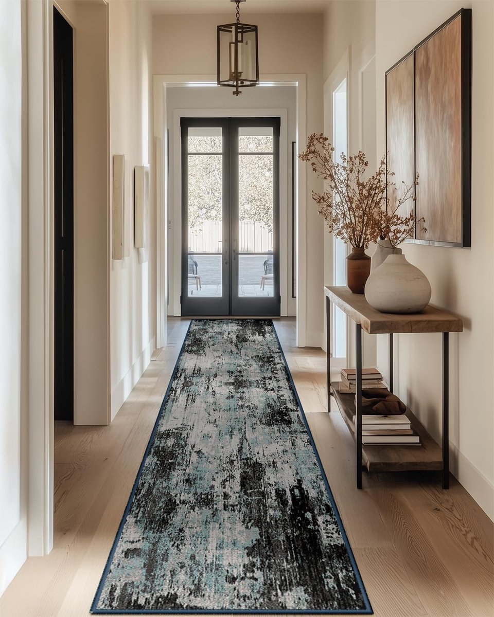 SnelShoppen - Hallway Rug 60x300 cm - Antislip Keukenvloer Tapijt - Wasbaar en Vouwbaar - Abstract Design in Blauw-Zwart - Ideaal voor Hal, Entree, Wo