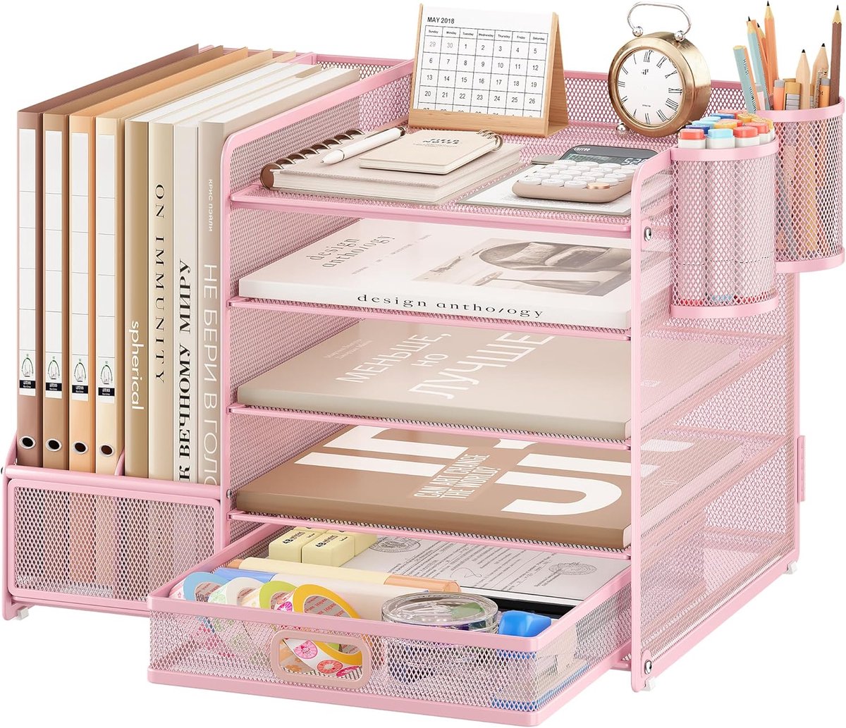 SnelShoppen - Desk Organizer 5 Laags Met Lades, A4 Documentenhouder, Kantoormateriaal, Roze, Met 2 Pennenhouders, Ruimtebesparend, Met Standaard