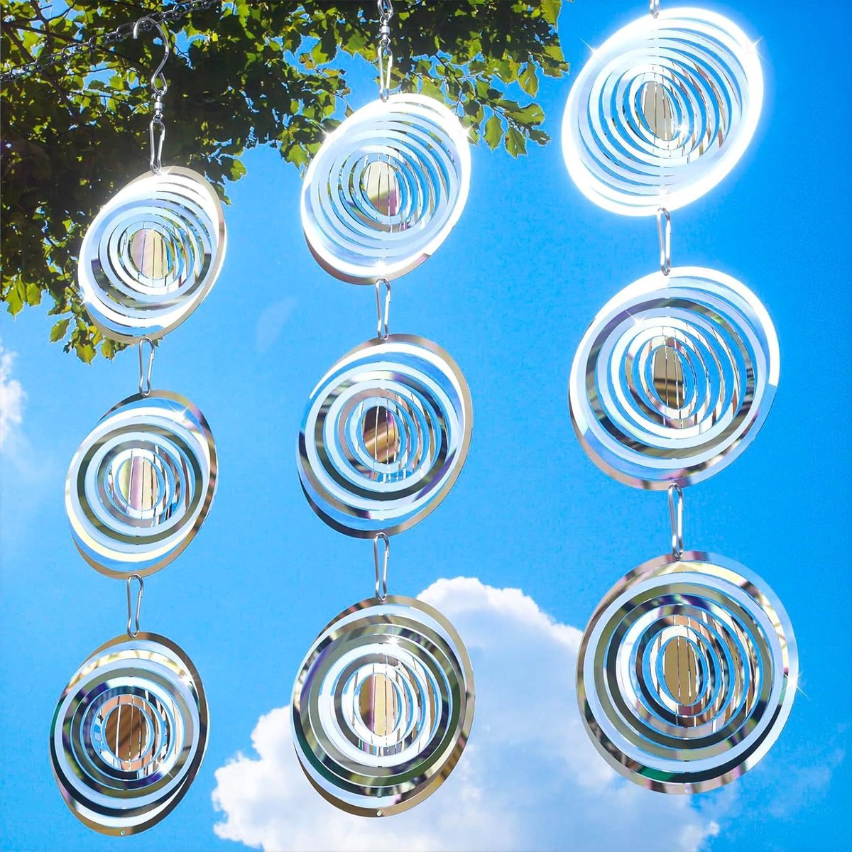 SnelShoppen - Bird Protection Hanging Discs, 3D Rond Vogelverschrikker, Effectieve Vogelafschrikking voor Tuin, Balkon, Fruitbomen, Roestvrijstaal, 4