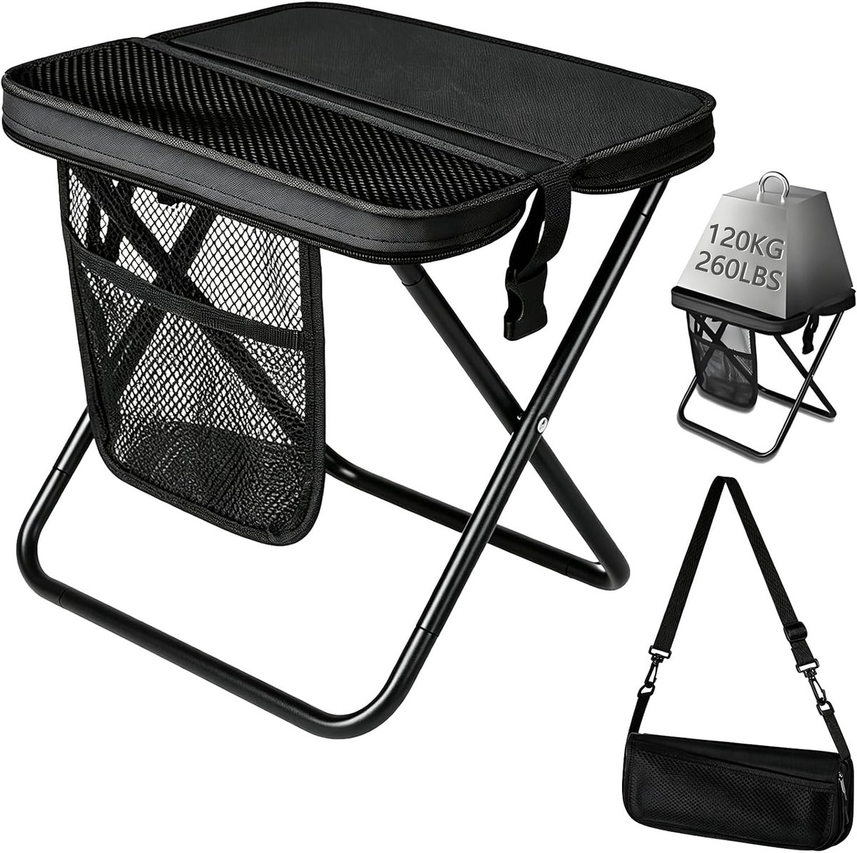 SnelShoppen - Draagbare Opvouwbare Camping Kruk & Sling Bag - 11.8" Zwart - Stevige Stoel tot 120 kg - Perfect voor Wandelen, Vissen, Festivals, Uitst