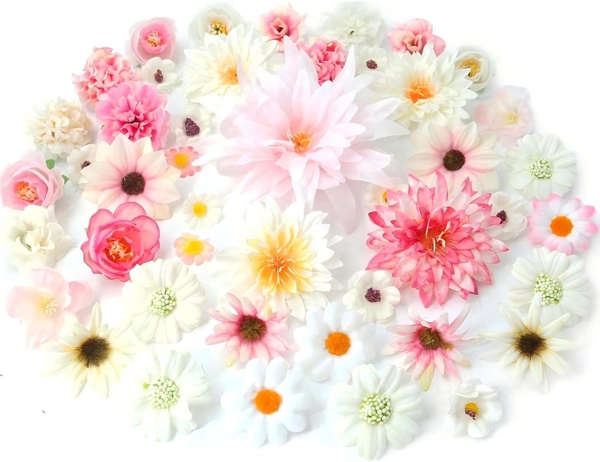 SnelShoppen - 48 Stuks Kunstbloemen Cup Decoraties Mini Bloemen Zijde Stof voor Tuin Decoratie Feest Bruiloft - 15 Soorten, 2-8 cm, Kleurrijk en Reali