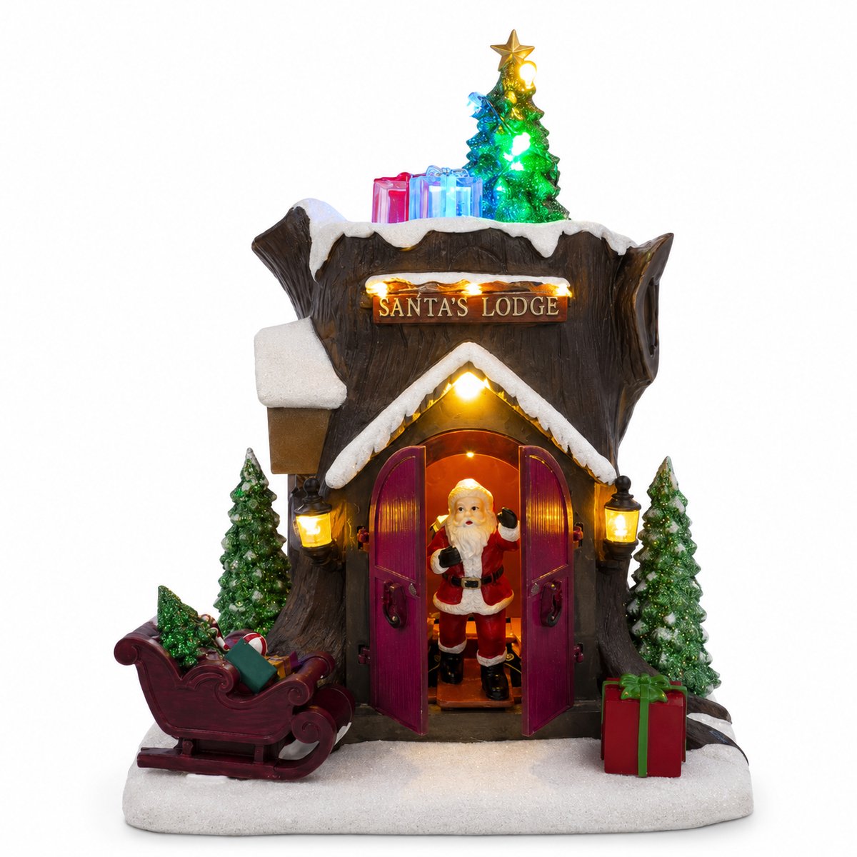 Kersthuis met Licht, Muziek en Beweging – Bewegende Kerstman – 25,5 cm – Inclusief USB-kabel