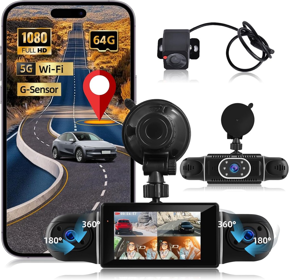 SnelShoppen - Dashcam 360 Graden - 4 Kanalen - 1080p + 720p - Wifi App Bediening - Nachtzicht - Loopopname - Parkeerbewaking - G-sensor - Auto Camera