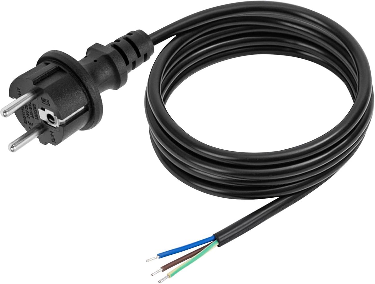 SnelShoppen - 1 m Aansluitkabel 3-polig met Schuko Stekker, 3 x 1,5 mm² Rubber, Zwart, IP44, Voor Tuin, Camping, Feest, 230V, 16A