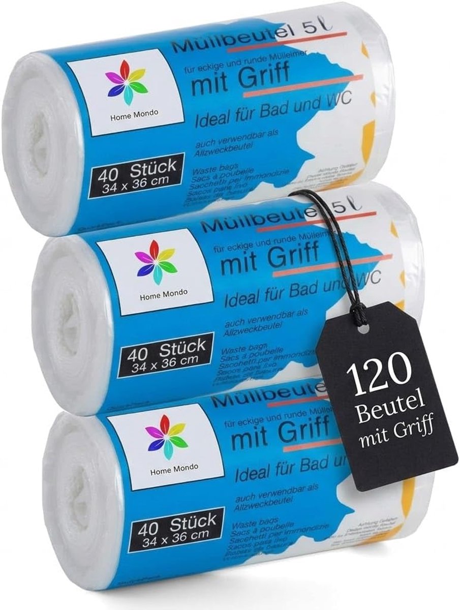 SnelShoppen - 120 stuks Premiumline Afvalzakken 5 liter - 35 liter Vuilniszakken met Handgrepen, Scheurvast en Waterdicht - Ideaal voor Keuken, Badkam