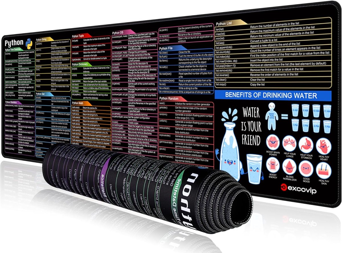 SnelShoppen - XL Python Shortcuts Muismat 90 x 30 cm - Gaming Onderlegger met Sneltoetsen en Formules - Perfect voor Software-ingenieurs en Programmeu