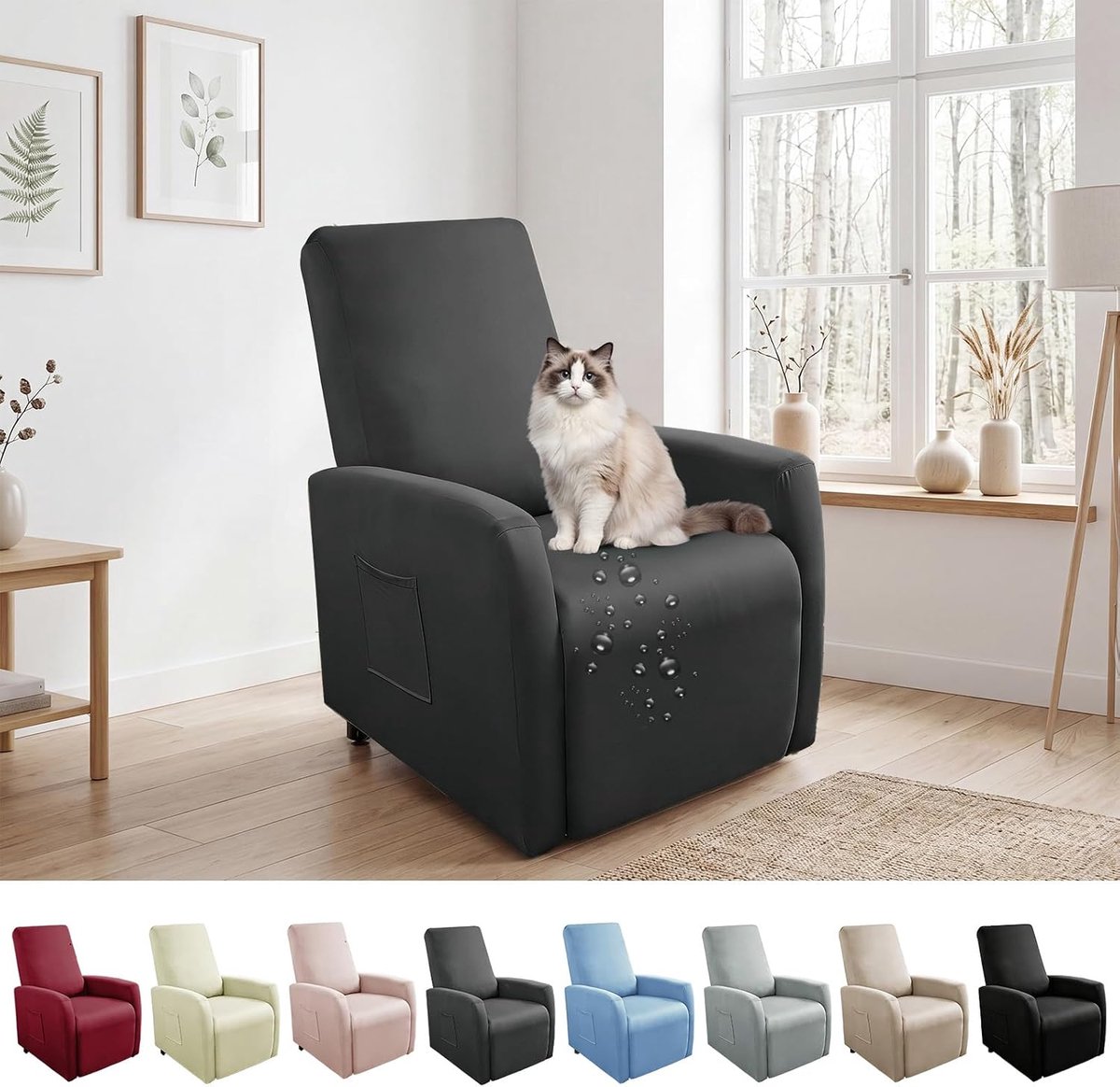 SnelShoppen - 1-zits fauteuilhoes, waterdichte stretch stoelhoes met zakken, donkergrijs, all-inclusive beschermhoes voor relaxstoel en tv-fauteuil, i