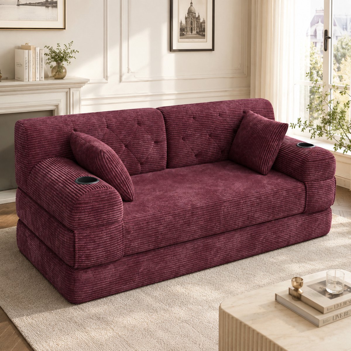STILVORA Slaapbank 208 x 80 x 81 cm - 3-Zits Met Hoge Rugleuning En Slaapfunctie - Voor Woonkamer En Kleine Ruimtes - Cord Bordeauxrood