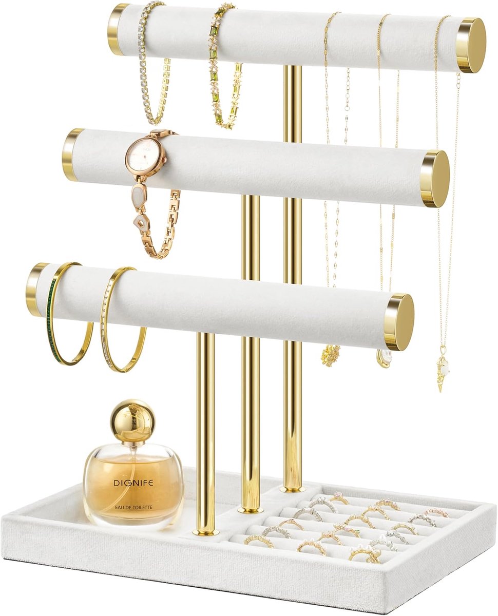 SnelShoppen - Grote 3 Laags Sieraden Organizer - Witte Velvet Sieradenstandaard voor Armbanden, Verwijderbare T-vormige Armbandhouder, Juweelhouder vo
