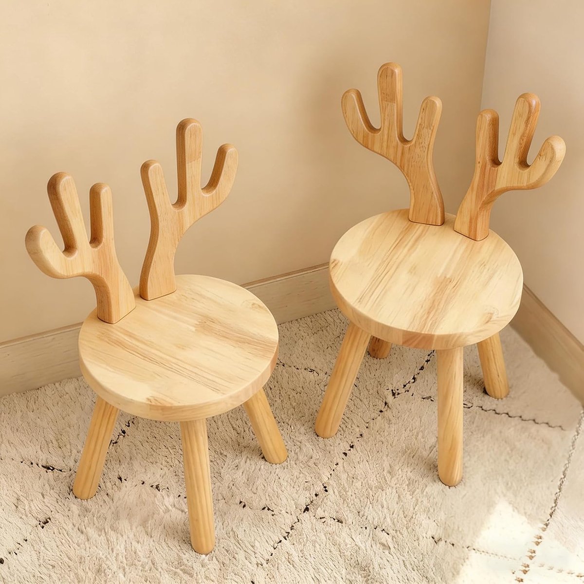 SnelShoppen - Kinderstoel Hout met Konijnenoren Rugleuning, Massief Houten Kinderstoel voor Kinderen vanaf 3 Jaar, 45 x 26 cm, Perfect voor Eten, Leze