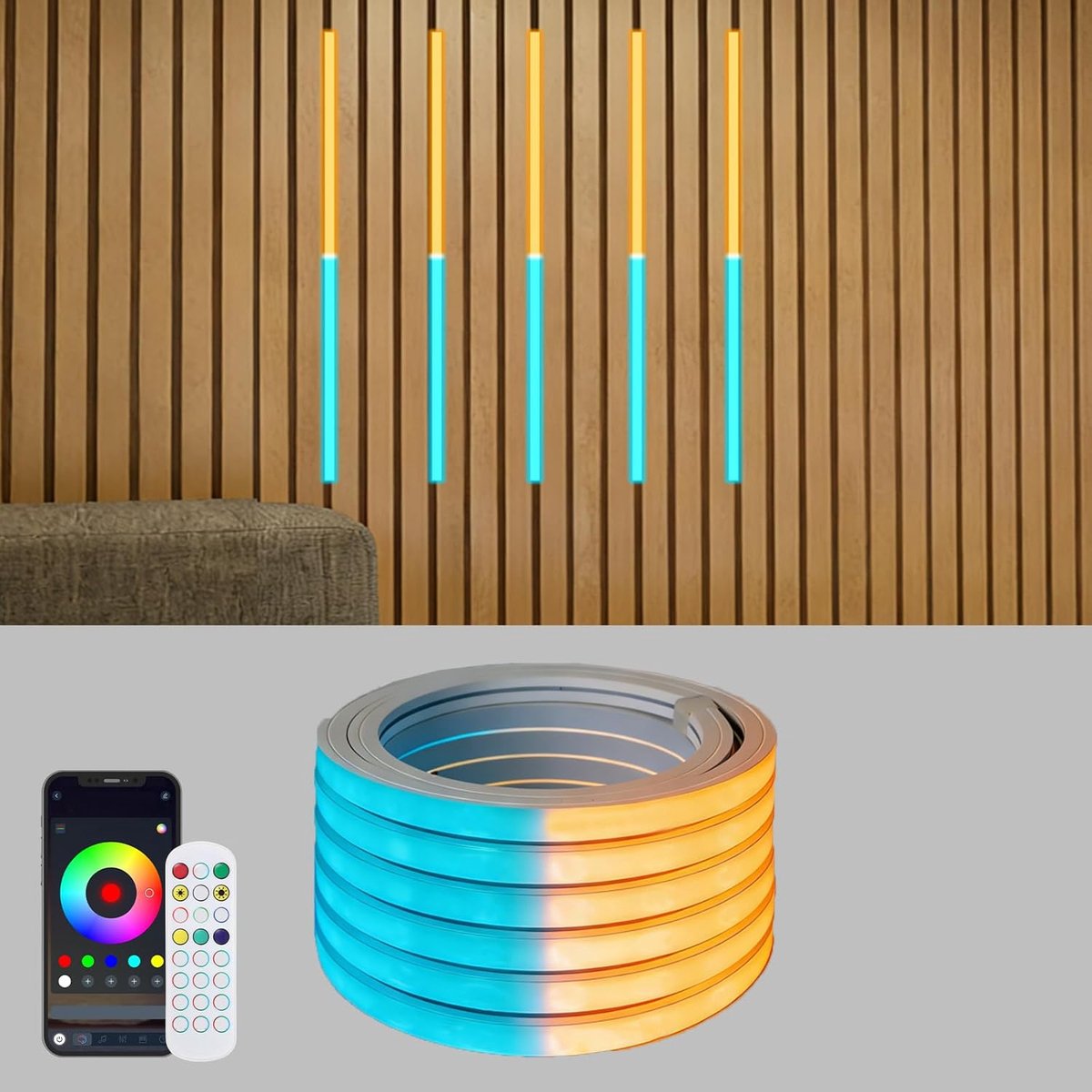 SnelShoppen - RGB LED Strip voor Akoestische Panelen, 6 Stuks van 100 cm, Flexibele RGB LED Verlichting met Afstandsbediening en App, 12x12 mm, Ideaal