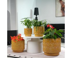 MIVRAY Bloempot – Glanzende Warmgele Glazuur Met Reliëf – Ø24 Cm – Keramiek – Geel – Voor Binnen En Overdekt Balkon – Met Afwateringsgat