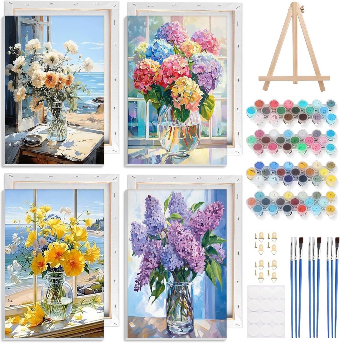 SnelShoppen - 4 Stuks Verf op Nummer Set Bloemen in Vaas voor Volwassenen en Kinderen - DIY Schilderen op Canvas met Houten Lijst - Creatieve Hobby vo