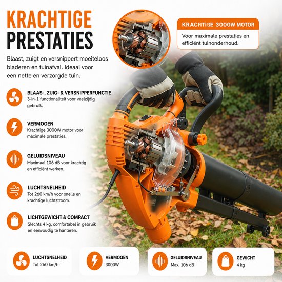 Celestul 3-in-1 Elektrische Bladblazer & Stofzuiger Incl. 40L Opvangzak - Blazen, Zuigen & Versnipperen - met 4 Wielen & Verstelbare Draagriem - 3000W - 260km/h Luchtsnelheid - op Snoer - Oranje — afbeelding 5