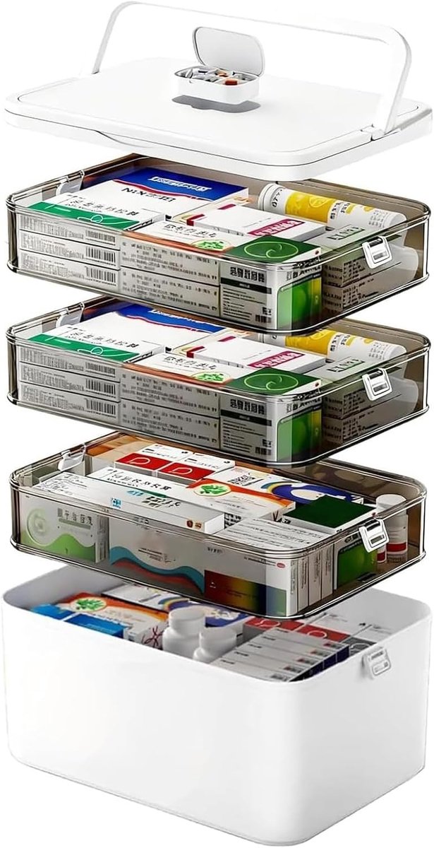 Thijox - Medicinabox Medicijnbewaring - 4-laags Draagbare Medicijn Organizer met Handgreep - Grote Huisapotheek Doos - Ideaal voor Huishouden en Reize