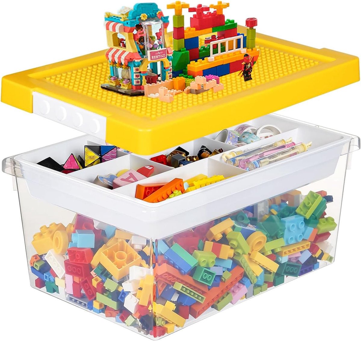SnelShoppen - Opbergdozen met Deksel voor Bouwblokken - Speelgoeddoos met Uitneembare Lade en Bouwplaat - Sorteerdozen voor Kleine Onderdelen - Plasti