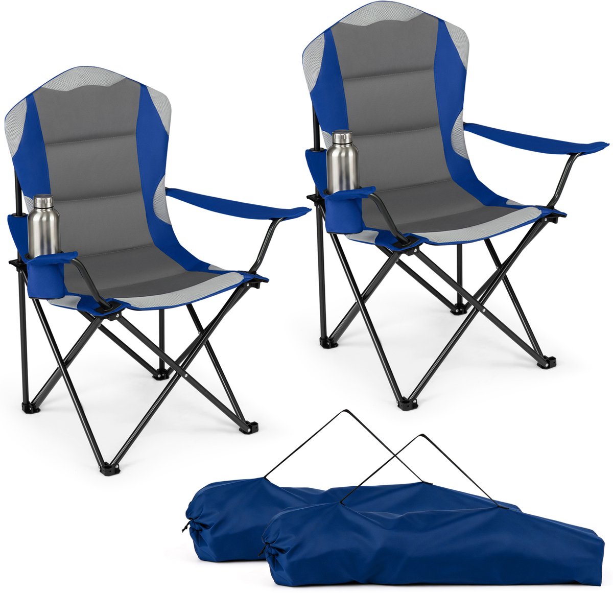 COSTWAY Campingstoel, opvouwbaar, XXL, belastbaar tot 150 kg, blauw, 2 | Vouwstoel, gevoerd, extra grote visstoel met bekerhouder, vouwstoel voor camping, picknick